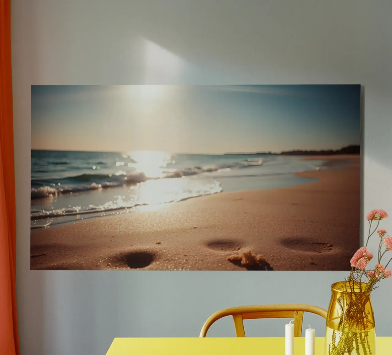 Tramonto su una spiaggia tranquilla con sabbia dorata e dolci onde alluminio dibond da DesignDoodle