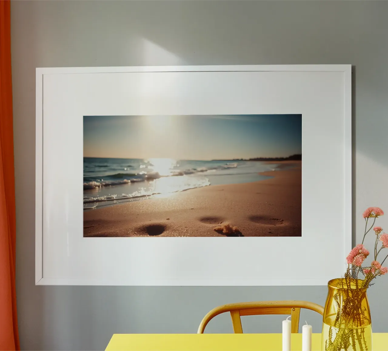 Zonsondergang over rustig strand met goudkleurig zand en zachte golven hahnemühle van DesignDoodle