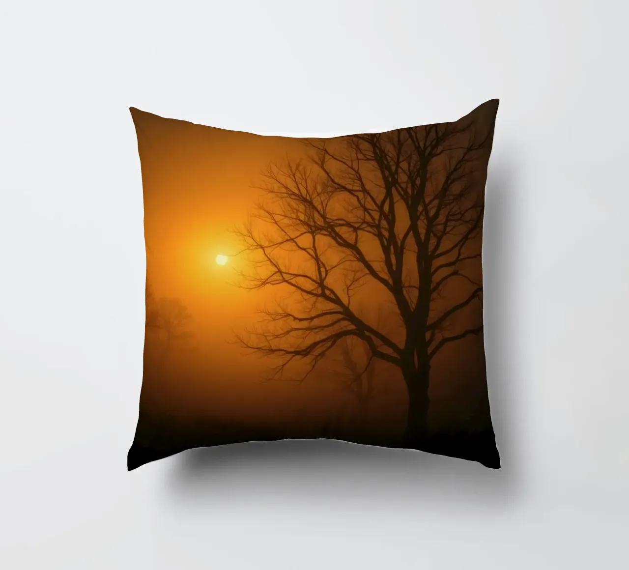 Mysterious twilight envelops a foggy landscape with silhouet decorative cushion by DesignDoodle