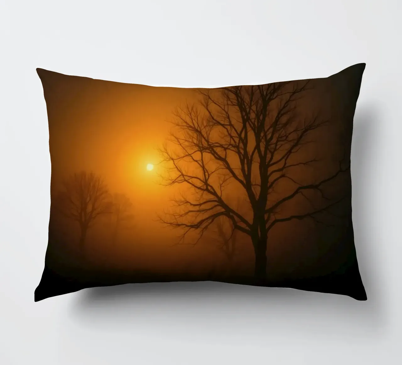 Mysterious twilight envelops a foggy landscape with silhouet decorative cushion by DesignDoodle