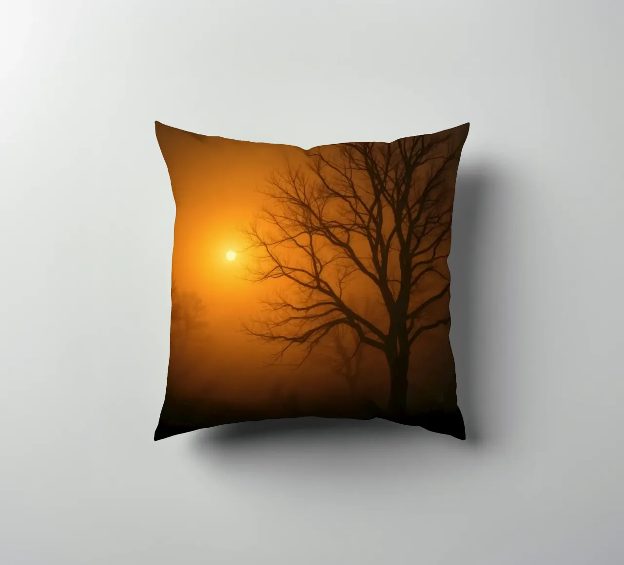 Mysterious twilight envelops a foggy landscape with silhouet decorative cushion by DesignDoodle