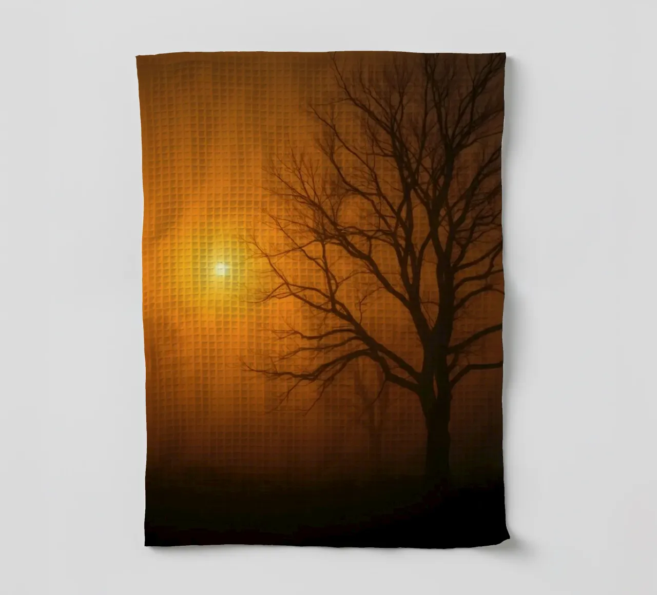 Mysterious twilight envelops a foggy landscape with silhouet tea towel by DesignDoodle
