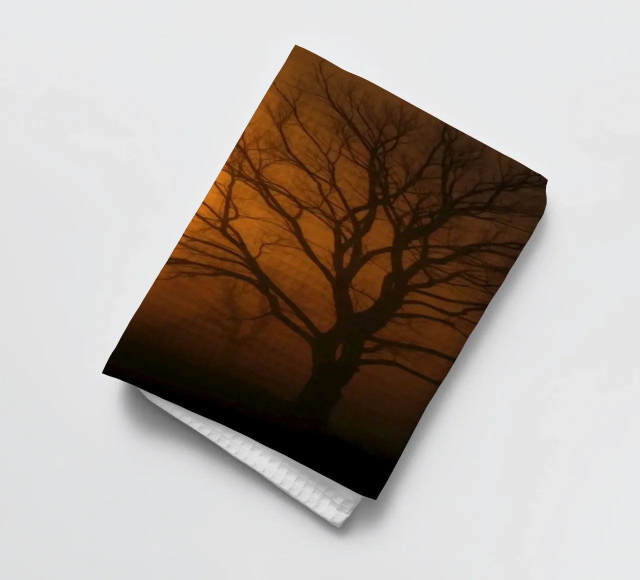 Mysterious twilight envelops a foggy landscape with silhouet tea towel by DesignDoodle