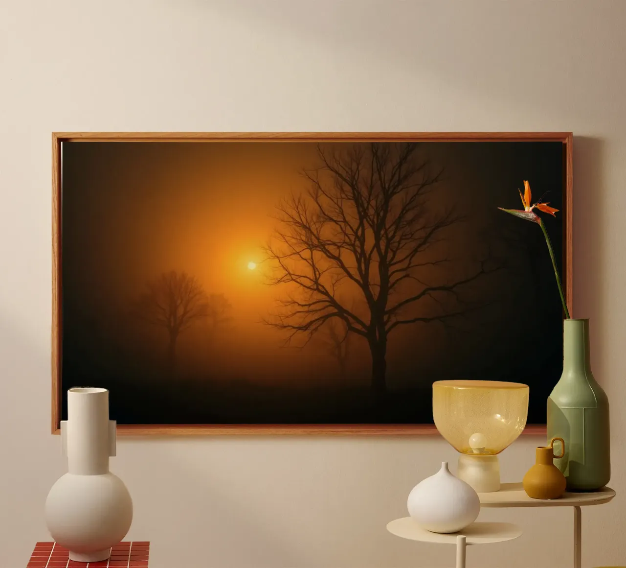Mysterious twilight envelops a foggy landscape with silhouet canvas by DesignDoodle