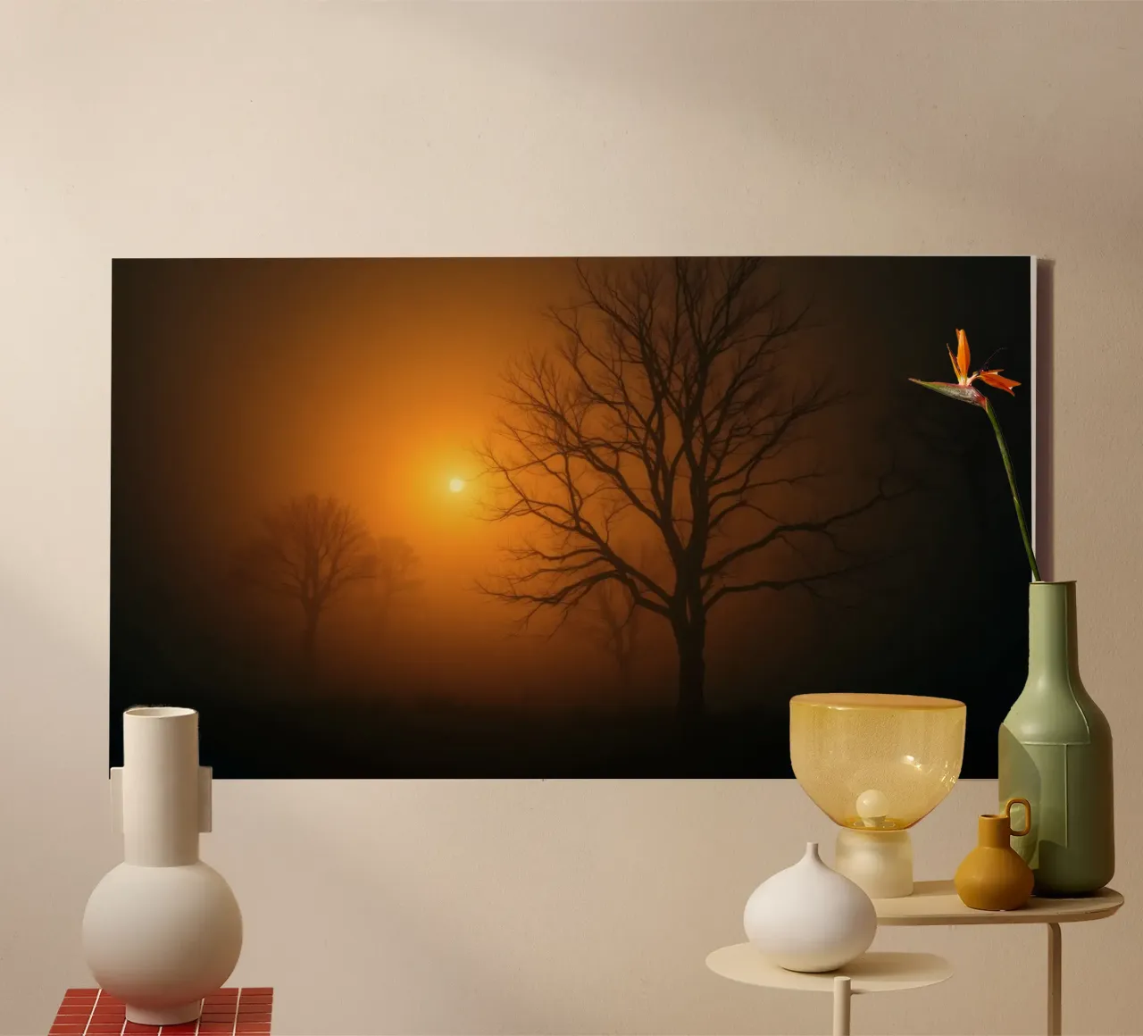 Mysterious twilight envelops a foggy landscape with silhouet canvas by DesignDoodle