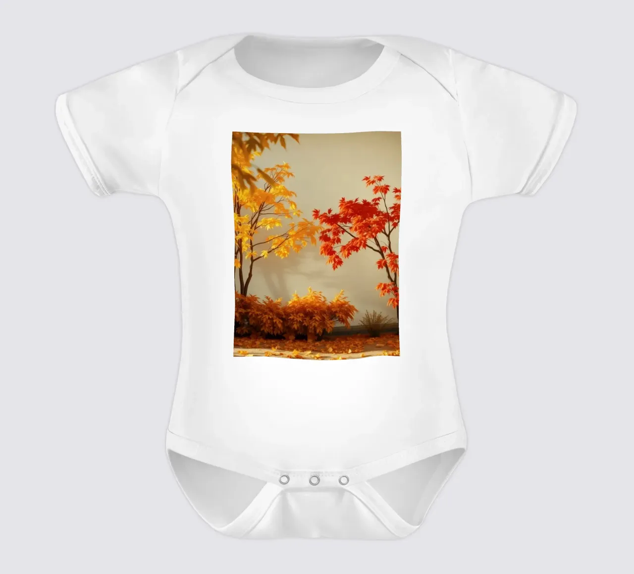 autumn trees with leaves of yellow and red, warm atmosphere short-sleeve baby romper by DesignDoodle