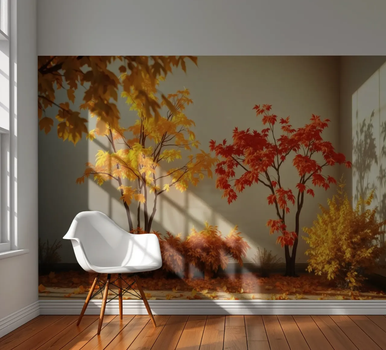 arbres d'automne avec des feuilles jaunes et rouges, atmosphère chaleureuse papier peint photo de DesignDoodle