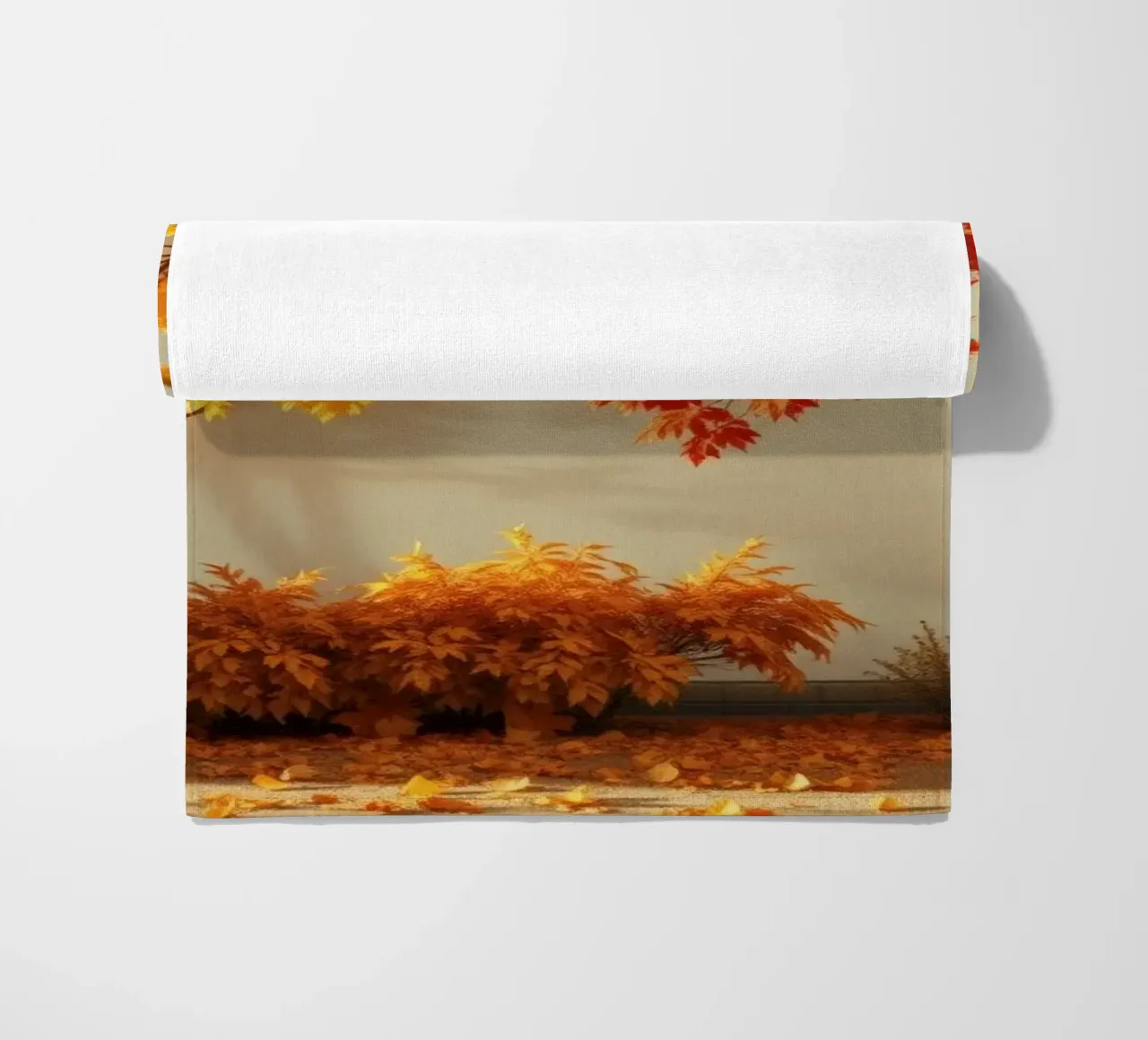 autumn trees with leaves of yellow and red, warm atmosphere beach towel by DesignDoodle