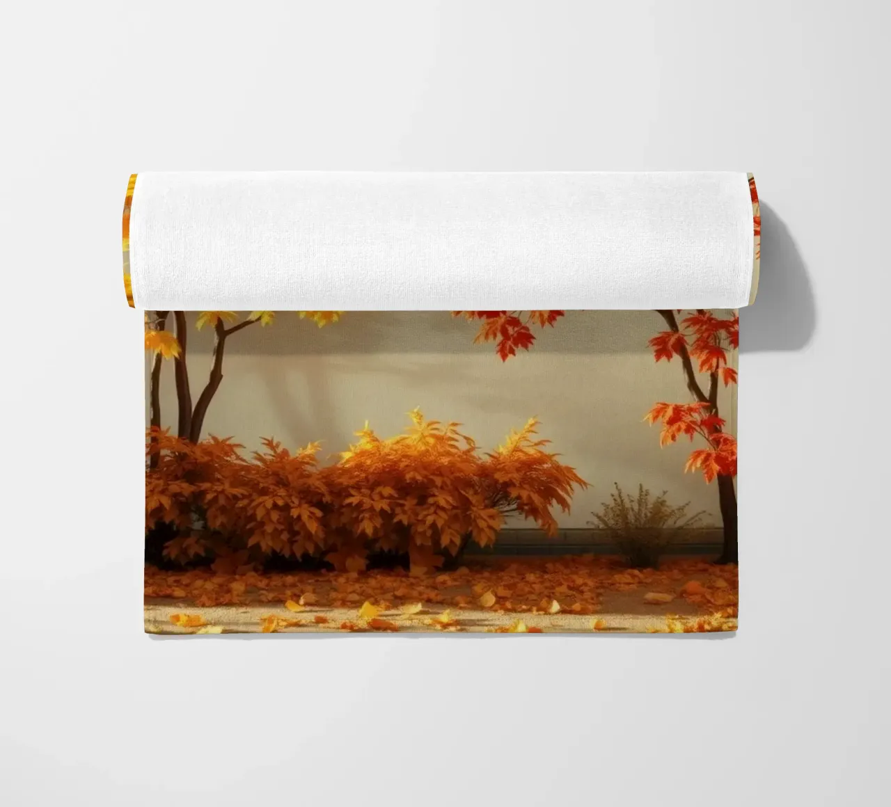 autumn trees with leaves of yellow and red, warm atmosphere beach towel by DesignDoodle