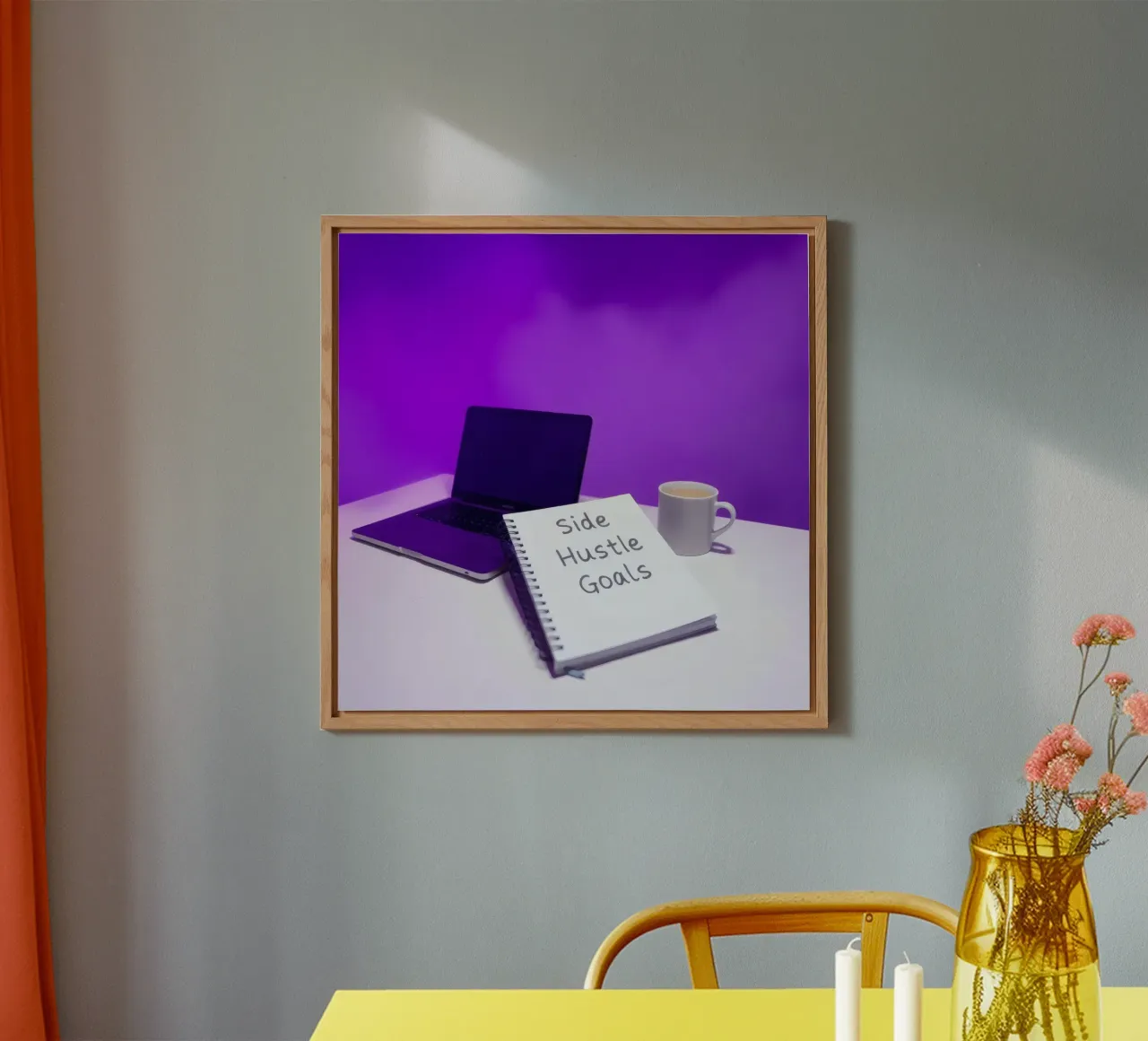 Stabilire gli obiettivi del side hustle con un laptop e un caffè in un ambiente accogliente alluminio dibond da DesignDoodle