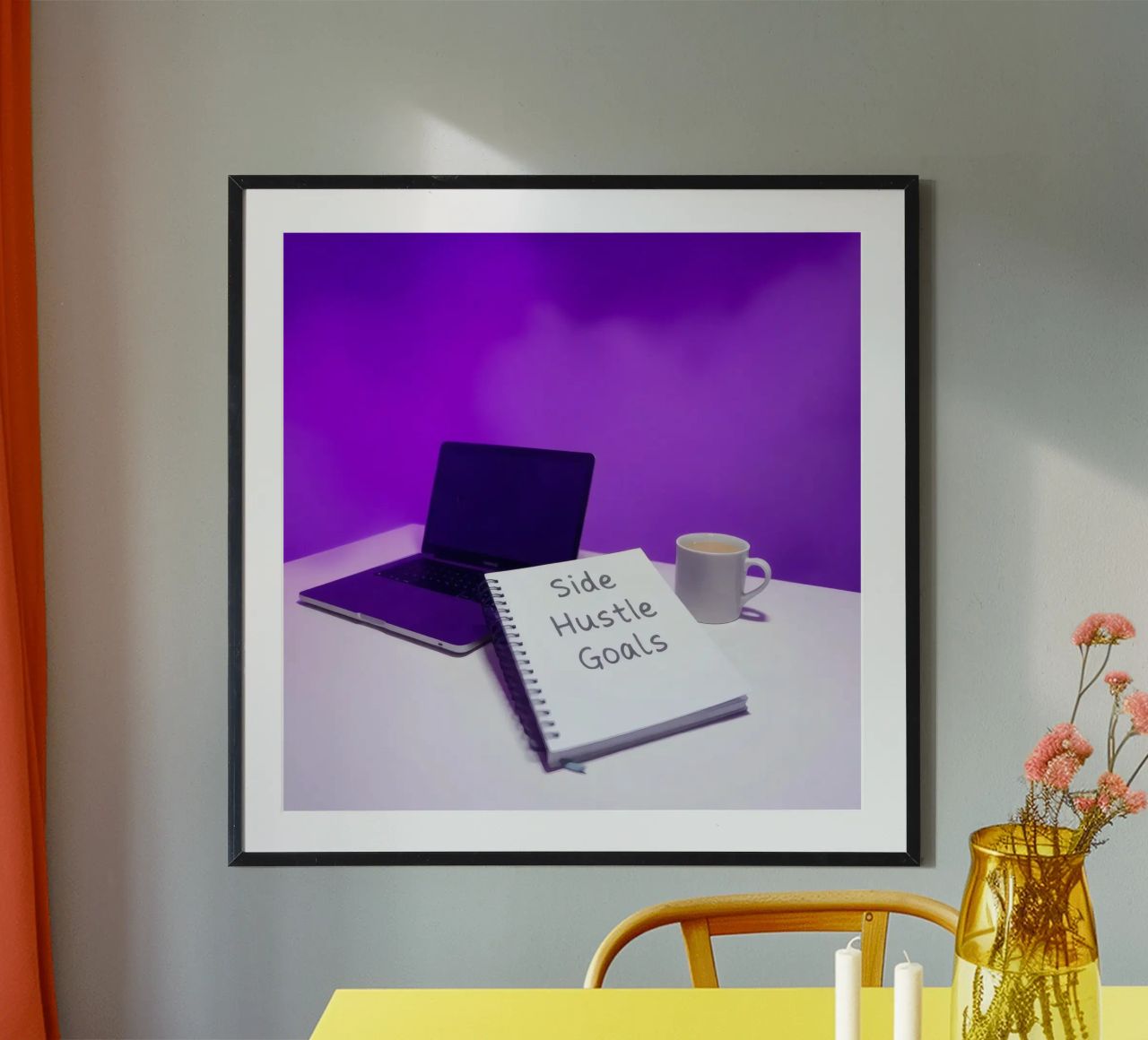 Establecer objetivos de negocio paralelo con un portátil y un café en una acogedora poster de DesignDoodle