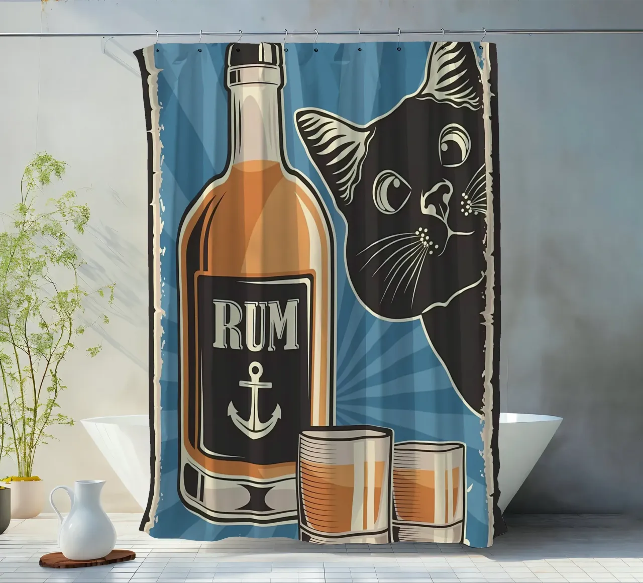 Rum and cat shower curtain by Monique A Hooper