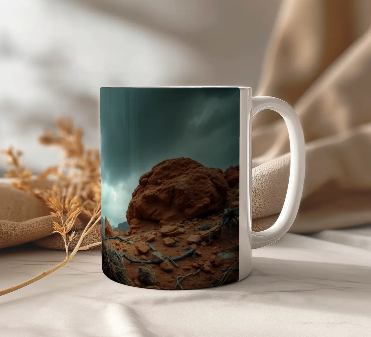Cielo drammatico su un paesaggio desertico con formazioni rocciose tazza in ceramica da DesignDoodle