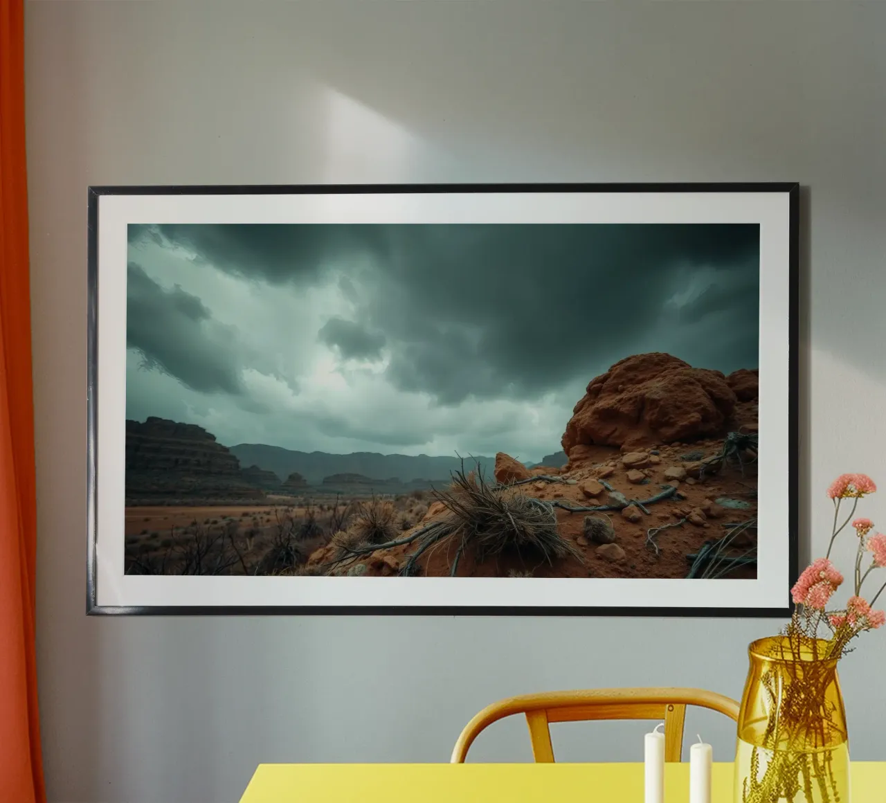 Cielo drammatico su un paesaggio desertico con formazioni rocciose poster con telaio in plastica da DesignDoodle