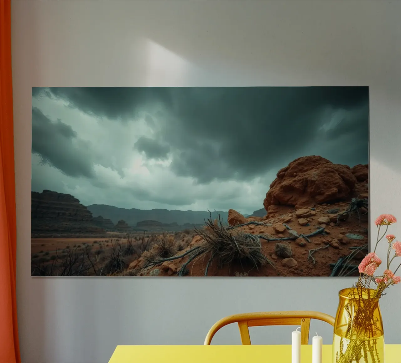 Cielo drammatico su un paesaggio desertico con formazioni rocciose poster con telaio in plastica da DesignDoodle