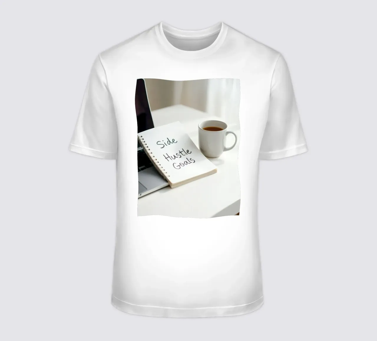 Scrivere gli obiettivi del side hustle mentre si gusta un caffè t-shirt da DesignDoodle