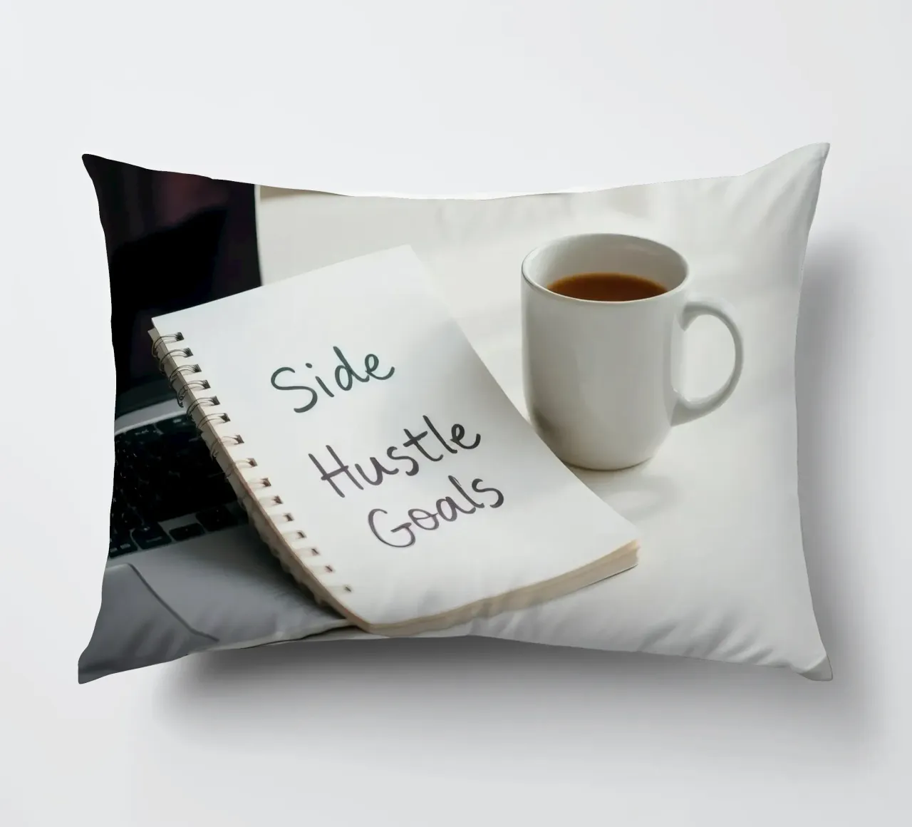 Scrivere gli obiettivi del side hustle mentre si gusta un caffè cuscino da DesignDoodle