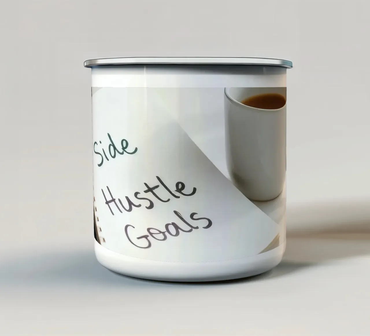 Scrivere gli obiettivi del side hustle mentre si gusta un caffè tazza in smalto da DesignDoodle