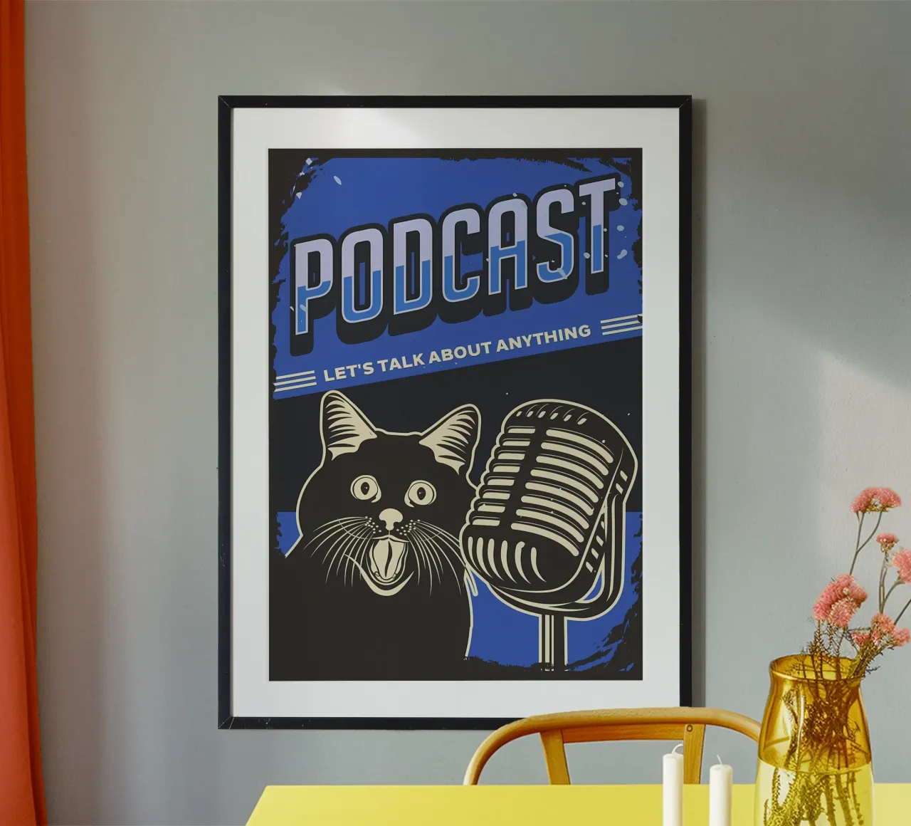 Meme divertente del podcast dei gatti poster con telaio in legno da Monique A Hooper