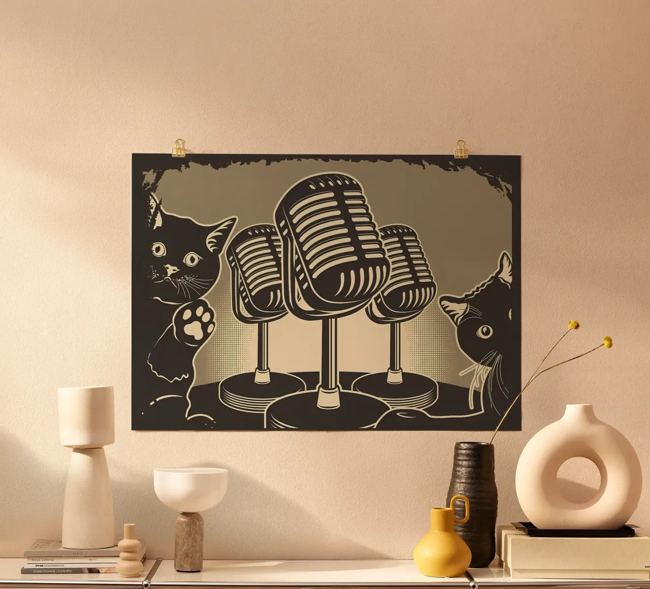 Podcast Gatti divertenti poster con telaio in legno da Monique A Hooper