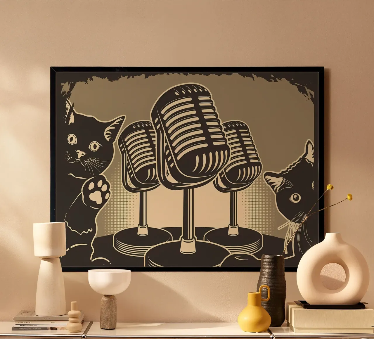 Podcast Gatti divertenti poster con telaio in legno da Monique A Hooper