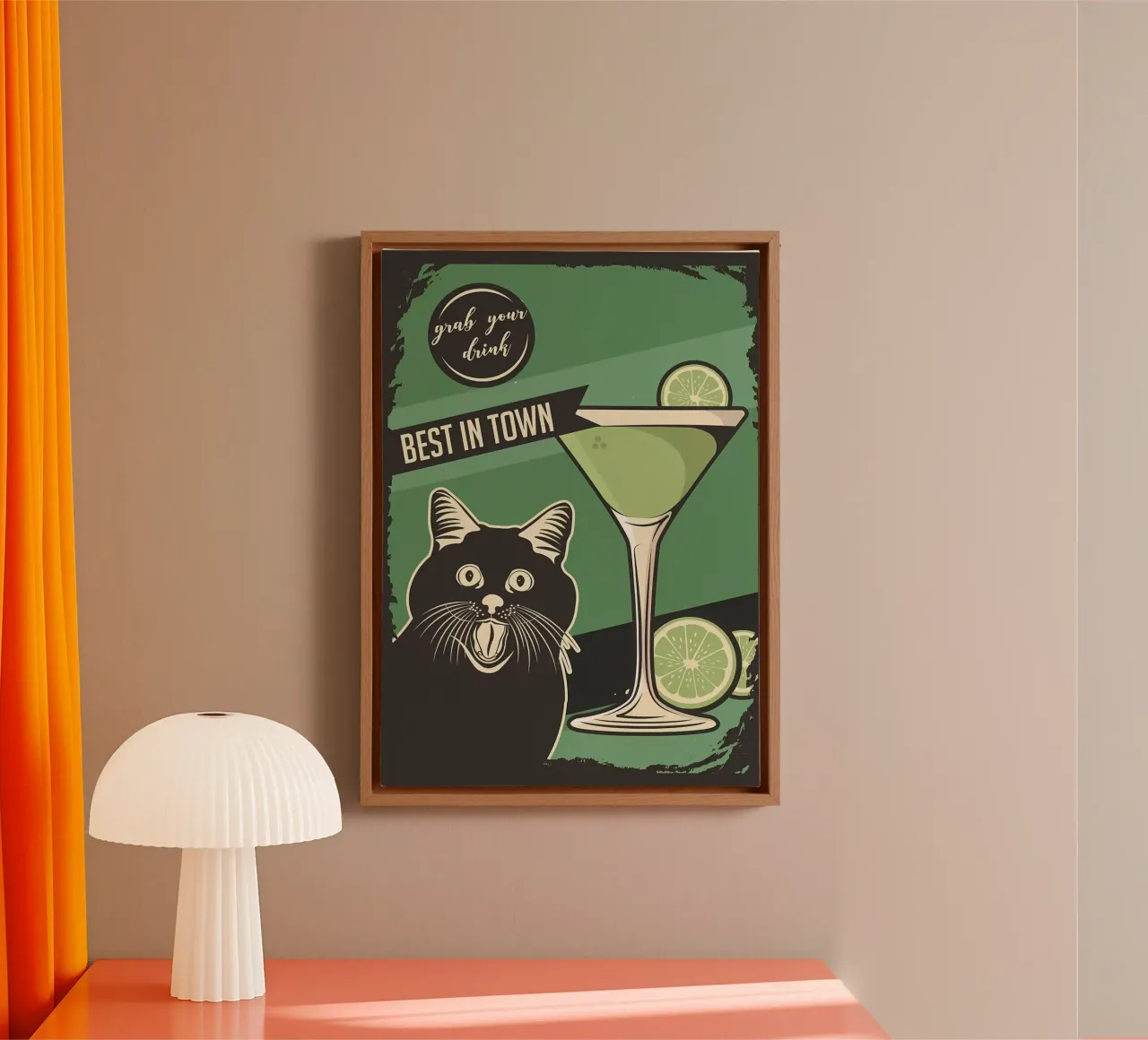 Gatto Cocktail meme tela con Cornice a cassetta da Monique A Hooper