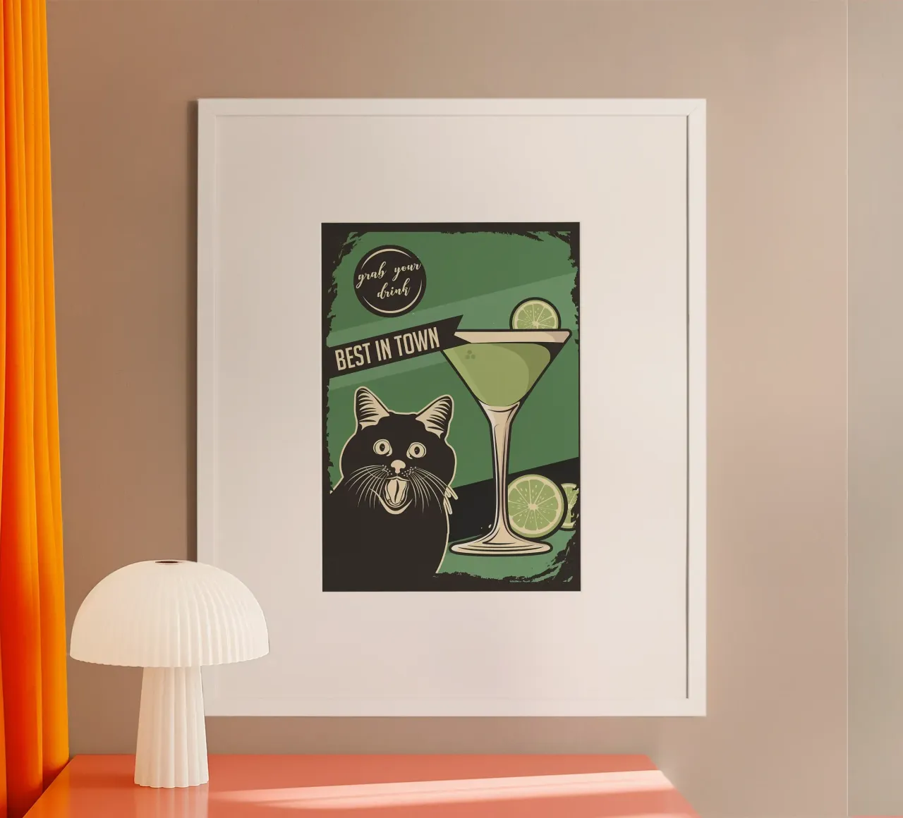 Gatto Cocktail meme poster con telaio in alluminio da Monique A Hooper