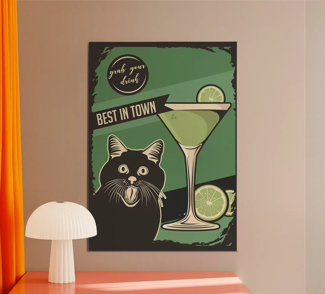 Gatto Cocktail meme poster con telaio in alluminio da Monique A Hooper