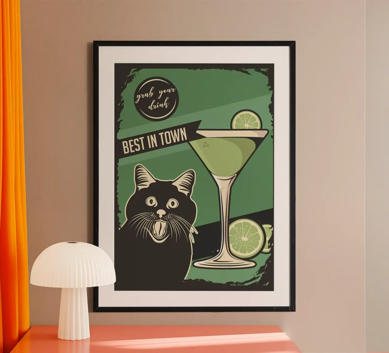 Gatto Cocktail meme poster con telaio in alluminio da Monique A Hooper