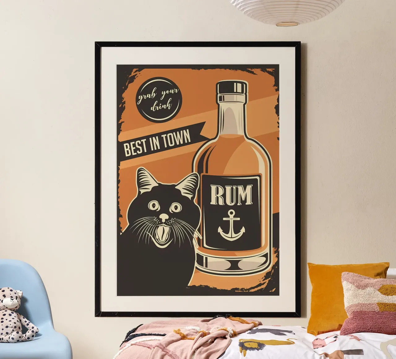 Gatto Rum meme poster con telaio in legno da Monique A Hooper