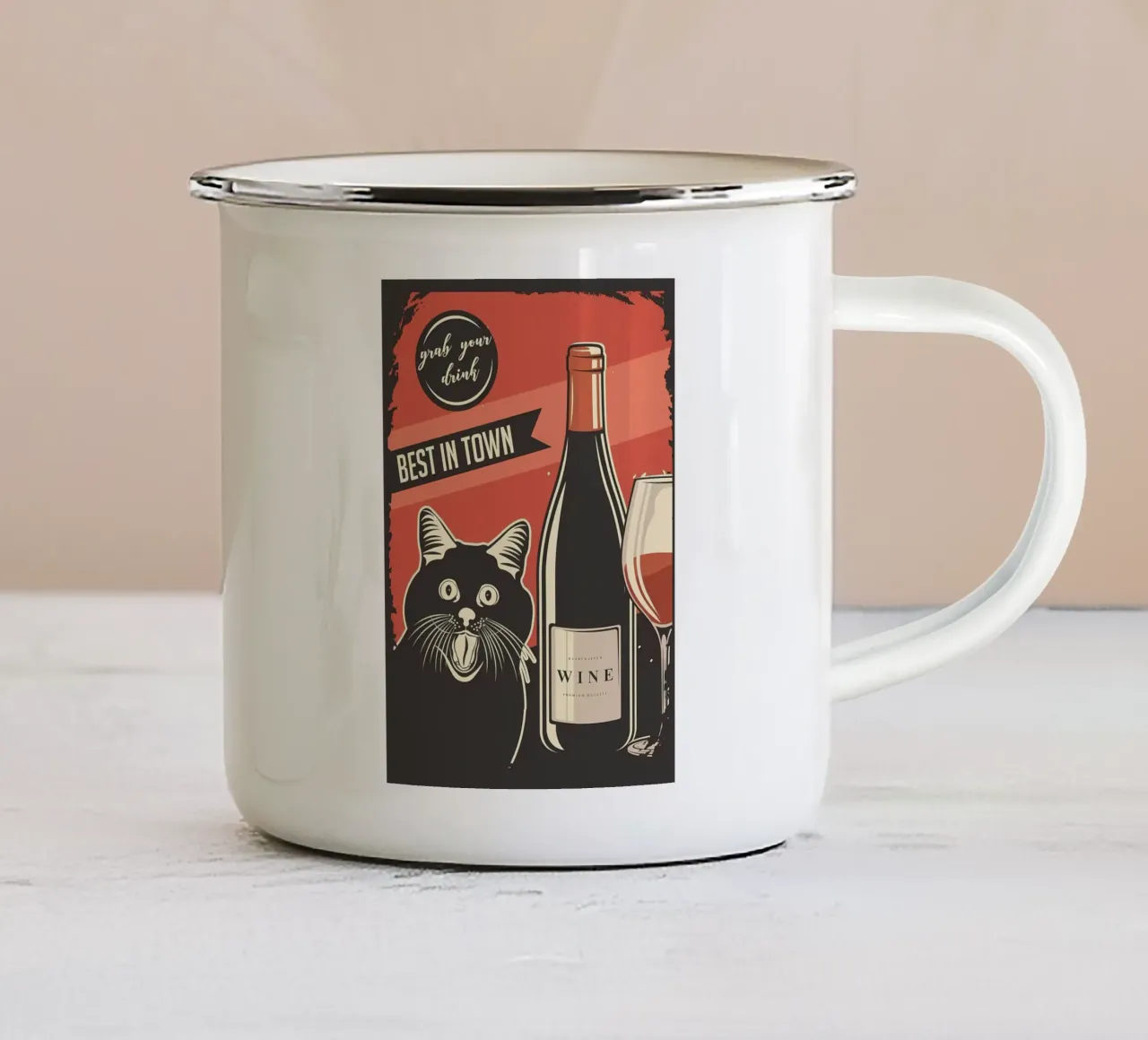 Gatto Vino meme tazza in smalto da Monique A Hooper
