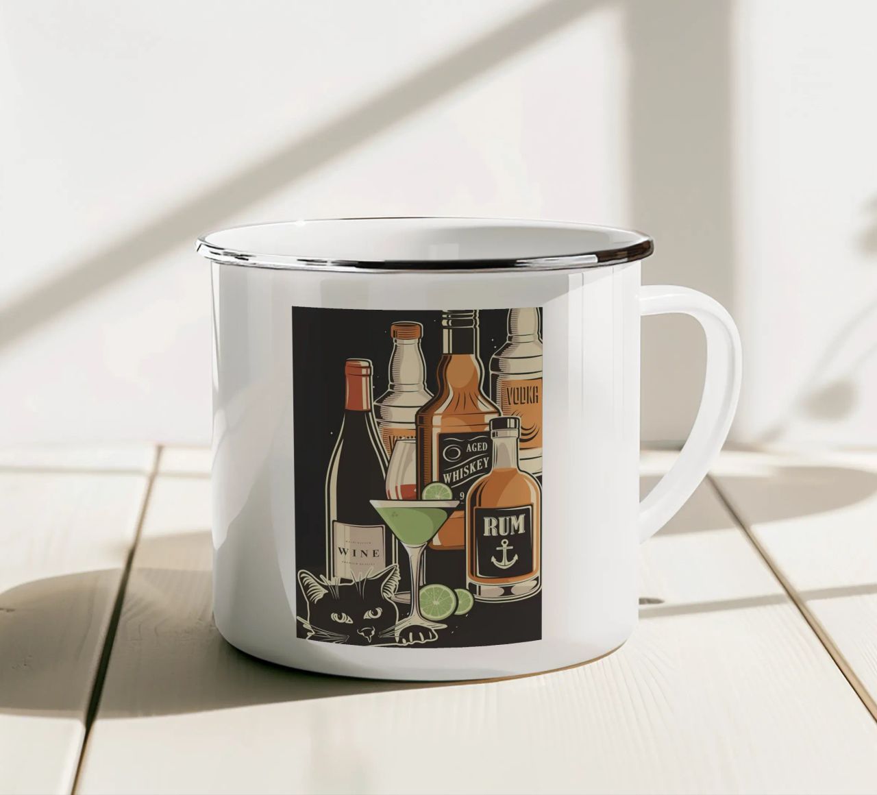 Il gatto e il mio alcol tazza in smalto da Monique A Hooper