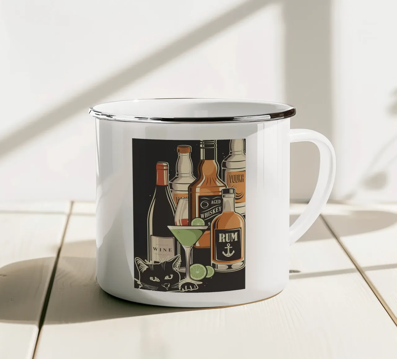 Il gatto e il mio alcol tazza in smalto da Monique A Hooper