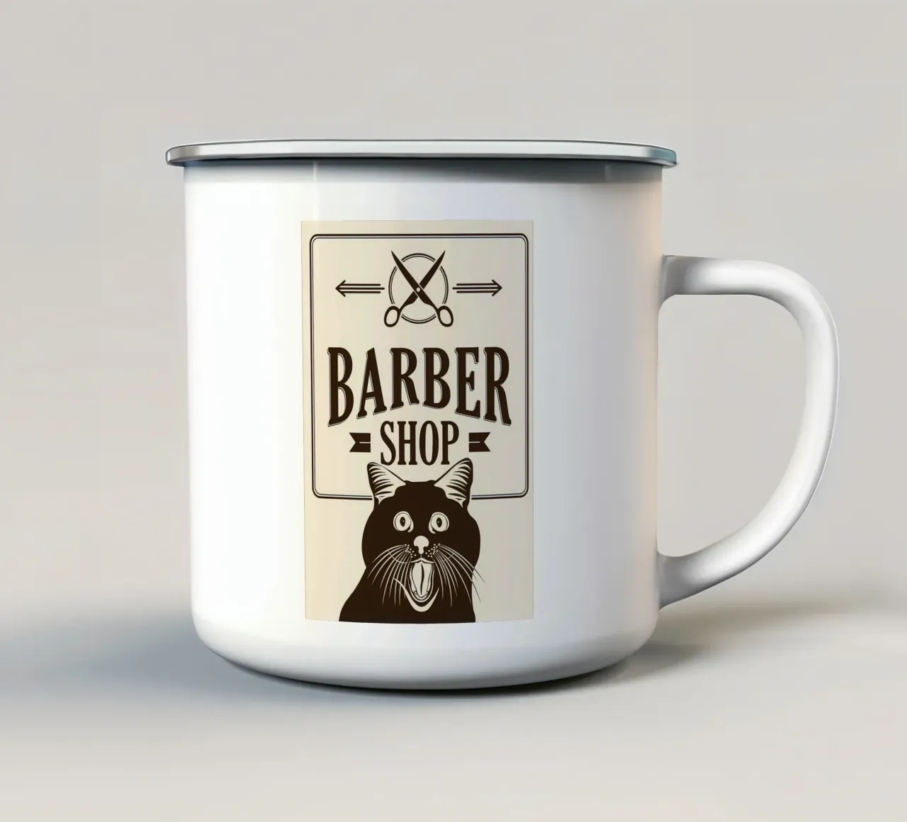 Meme del gatto barbiere tazza in smalto da Monique A Hooper