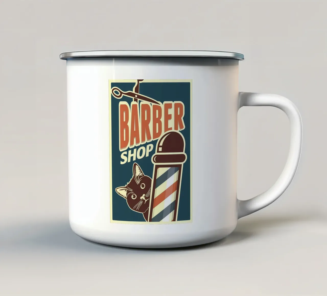 Gatto Barber Shop tazza in smalto da Monique A Hooper