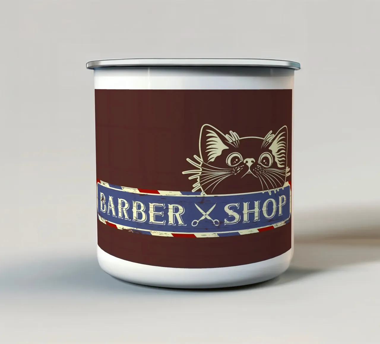 Gatto Barber Shop tazza in smalto da Monique A Hooper