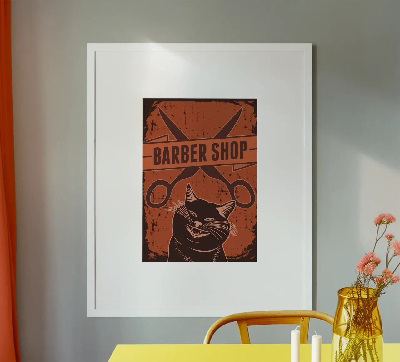 Gatto barbiere poster con telaio in legno da Monique A Hooper