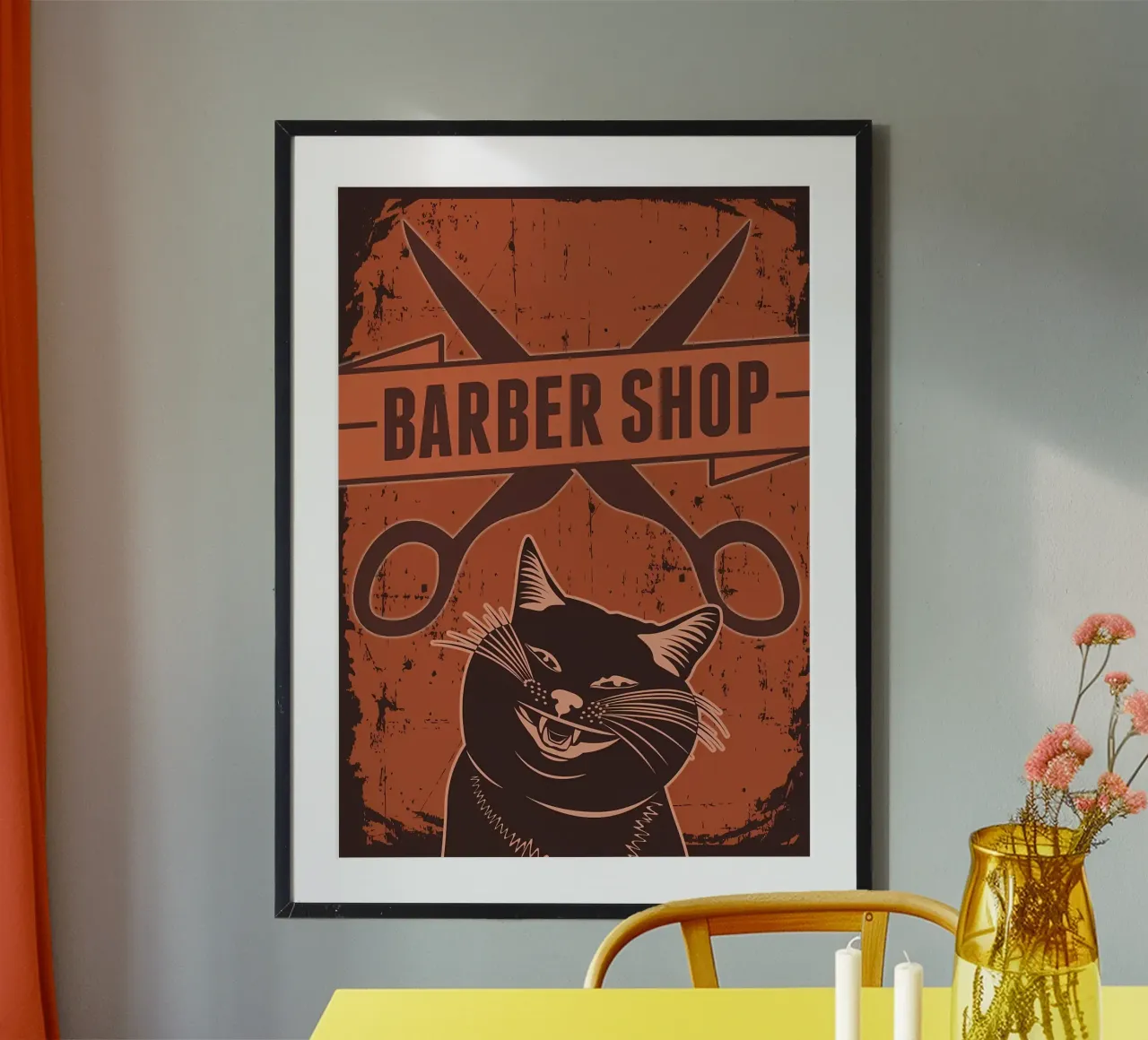 Gatto barbiere poster con telaio in legno da Monique A Hooper