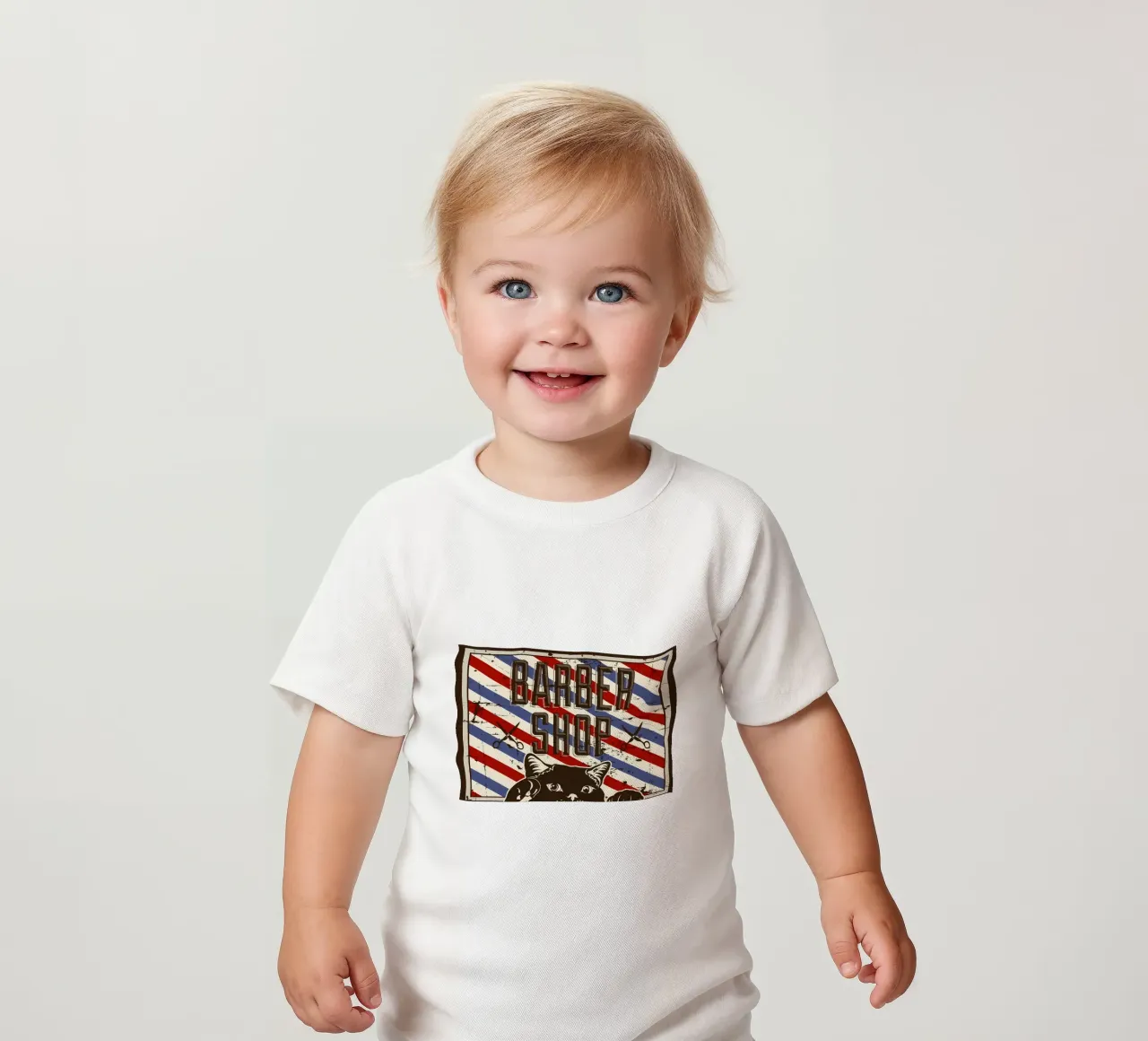 Red and Blue Barber Cat baby t-shirt by Monique A Hooper