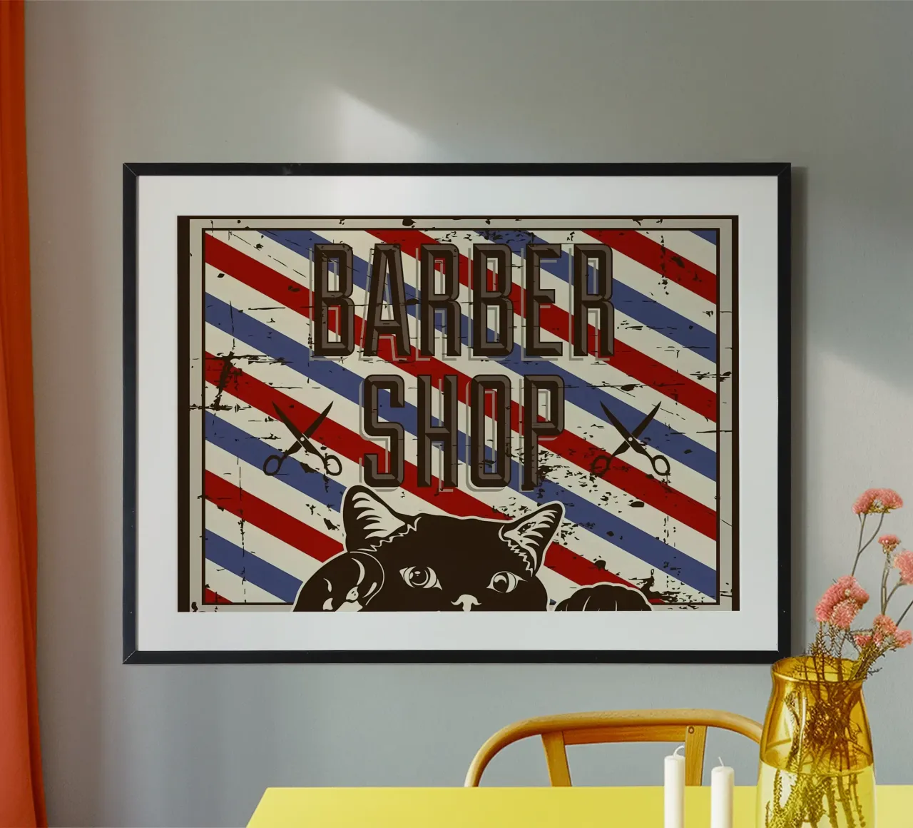 Gatto barbiere rosso e blu poster con telaio in plastica da Monique A Hooper