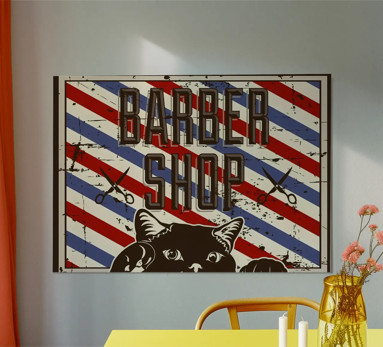 Gatto barbiere rosso e blu poster con telaio in plastica da Monique A Hooper