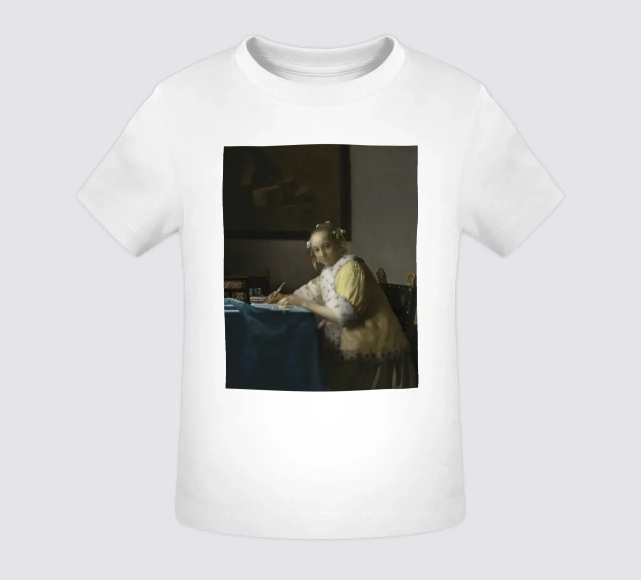 Johannes Vermeer - Una donna che scrive, 1665 maglietta neonato da Timeless Artworks