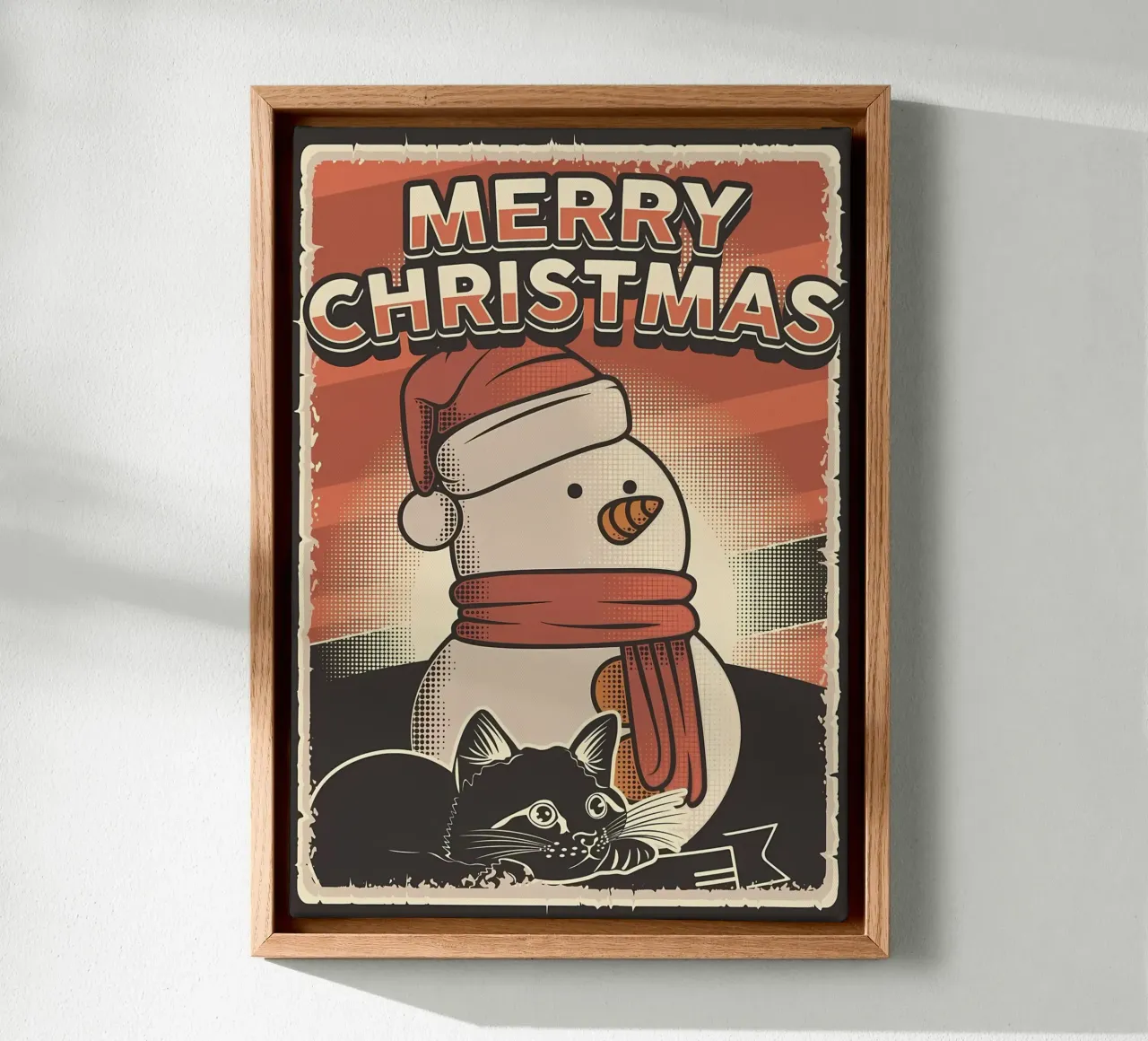 Kerstkat Sneeuwpop canvas met Baklijst van Monique A Hooper