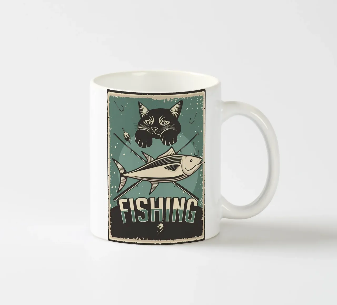 Gatto da pesca d'epoca tazza in ceramica da Monique A Hooper