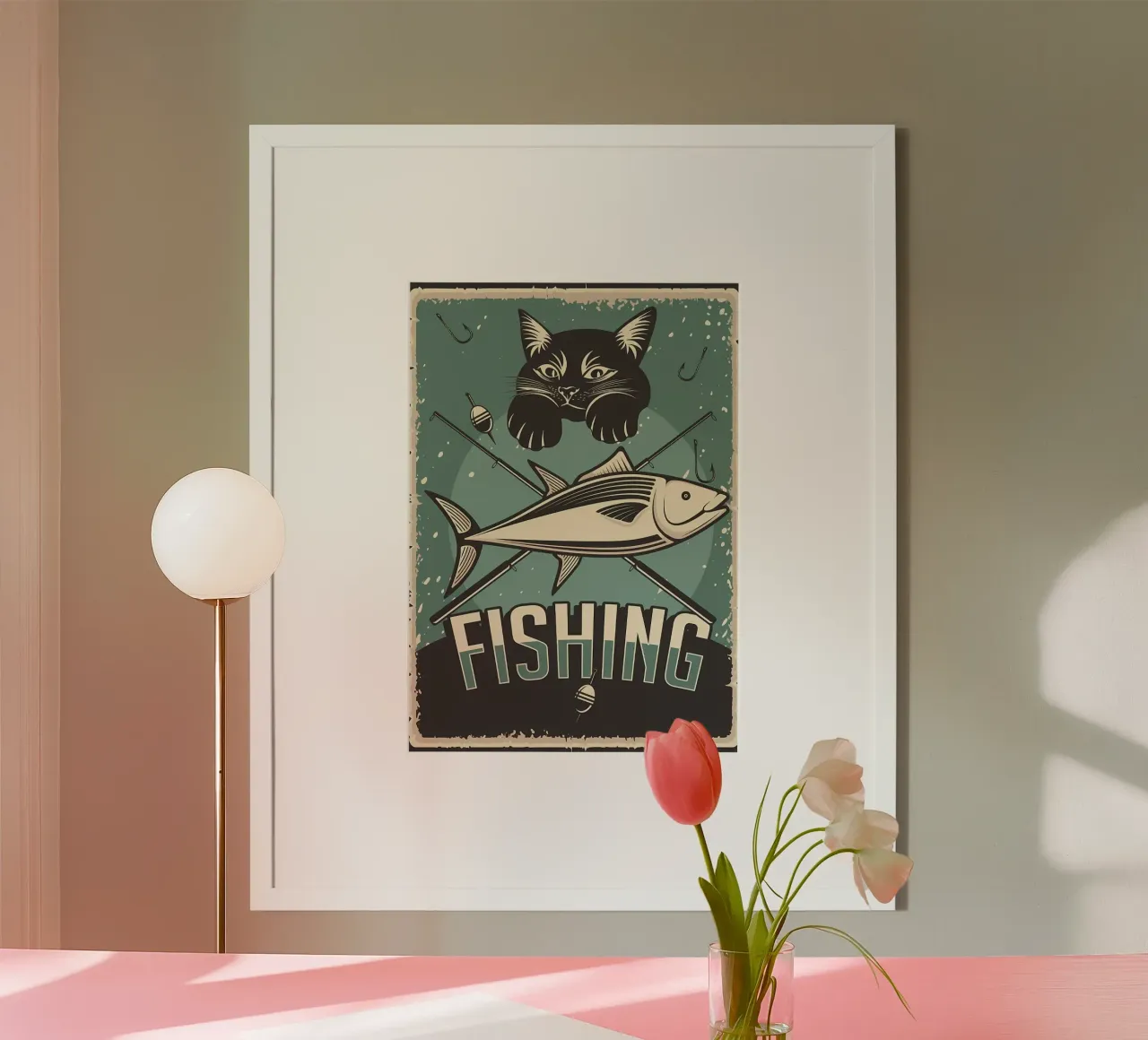 Gatto da pesca d'epoca poster con telaio in legno da Monique A Hooper
