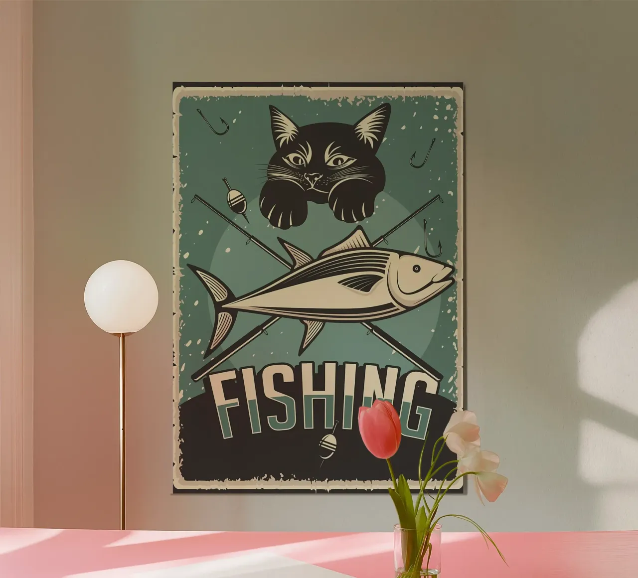 Gatto da pesca d'epoca poster con telaio in legno da Monique A Hooper