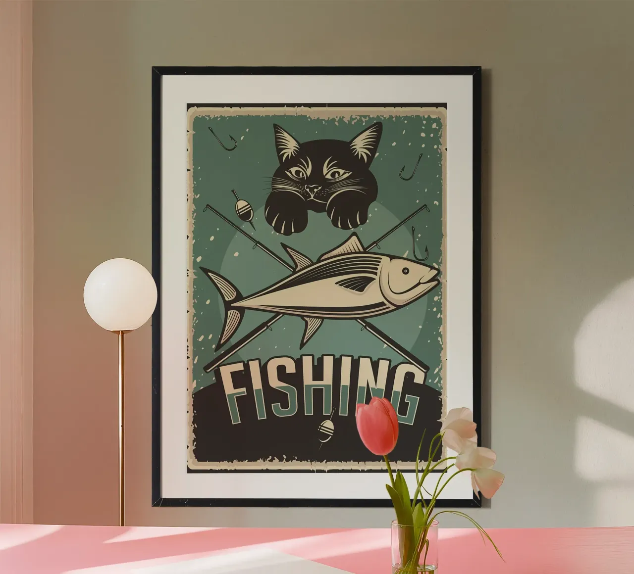 Gatto da pesca d'epoca poster con telaio in legno da Monique A Hooper