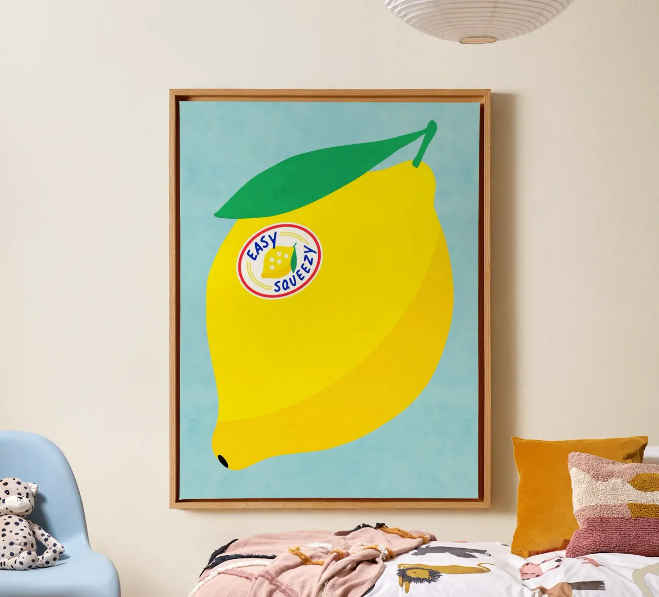 Big Sicilian Lemon with 'Easy Squeezy' pun label canvas with Floater frame by Dominique Vari