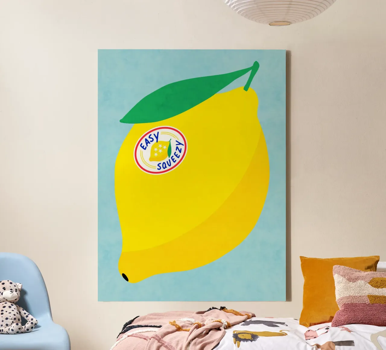 Big Sicilian Lemon with 'Easy Squeezy' pun label canvas with Floater frame by Dominique Vari