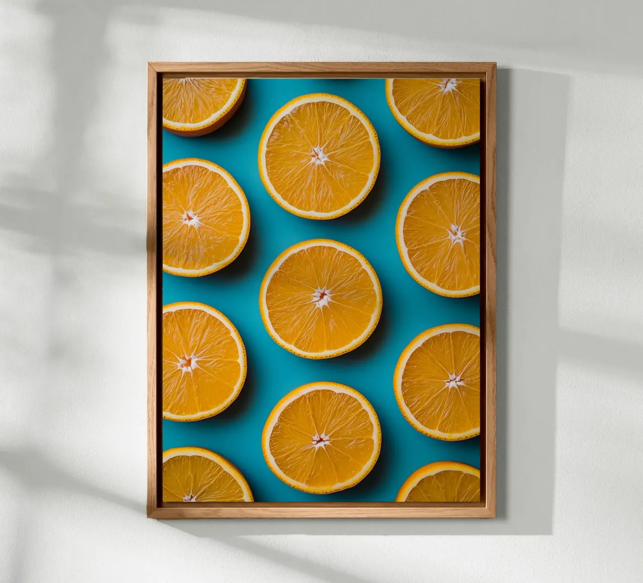 Sliced oranges on a turquoise background alu-dibond by Spice & Style
